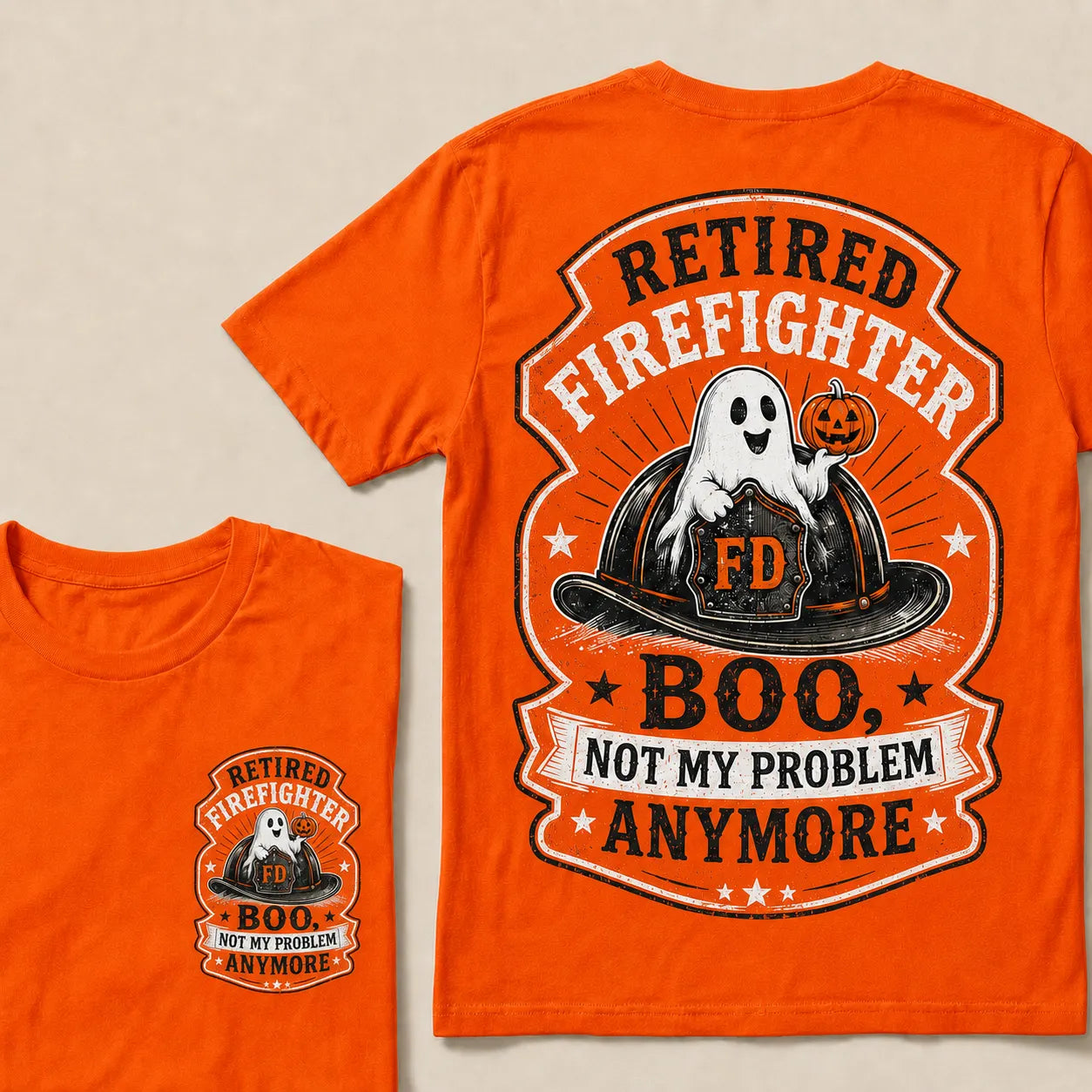 Retired Firefighter Halloween T-Shirt – Funny Boo Not My Problem Anymore Graphic Tee, Firefighter Retirement Gift